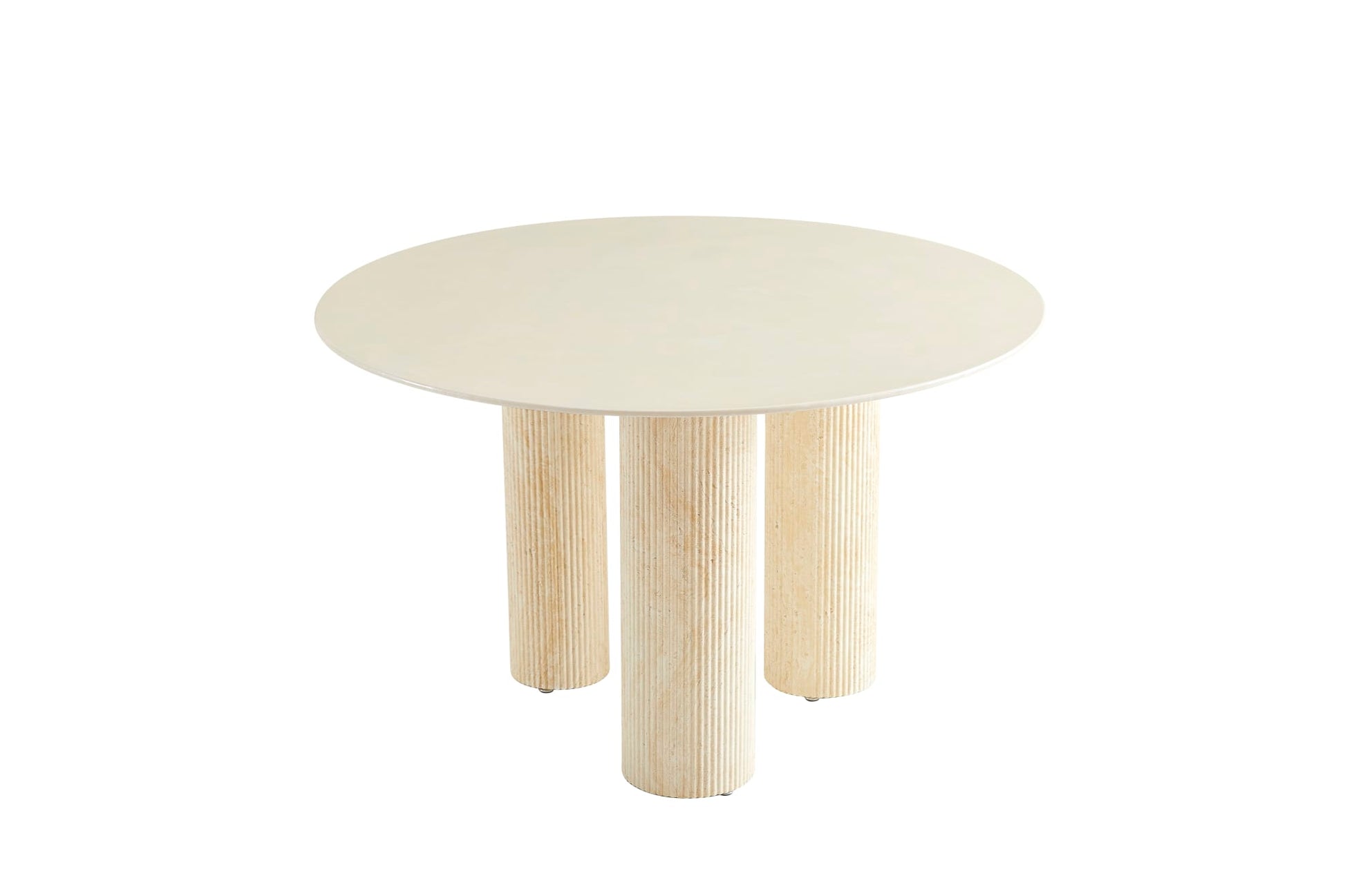 TABLE REPAS ANAÏS PIEDS TRAVERTIN PLATEAU CERAMIQUE BEIGE BRILLANT 120CM