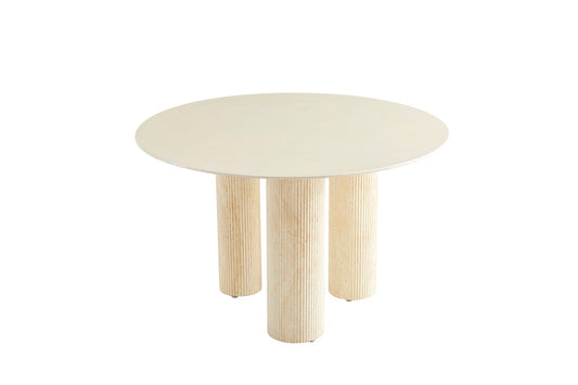 TABLE REPAS ANAÏS PIEDS TRAVERTIN PLATEAU CERAMIQUE BEIGE BRILLANT 120CM