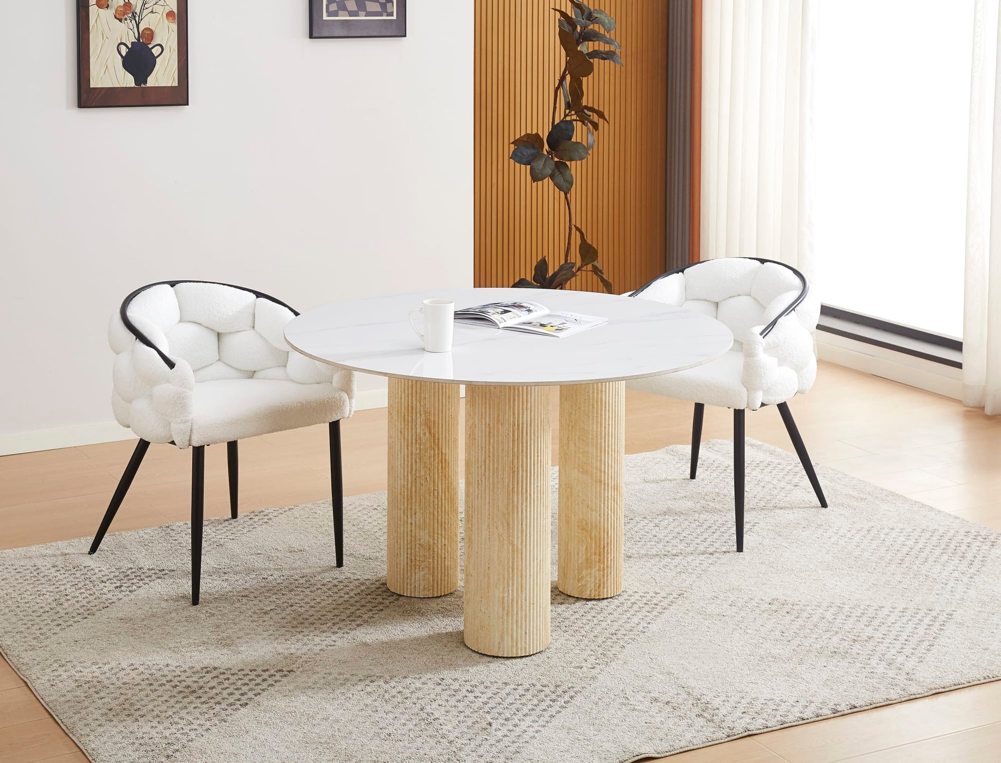 TABLE REPAS ANAÏS PIEDS TRAVERTIN PLATEAU CERAMIQUE MARBRE BLANC 120CM