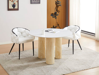 TABLE REPAS ANAÏS PIEDS TRAVERTIN PLATEAU CERAMIQUE MARBRE BLANC 120CM