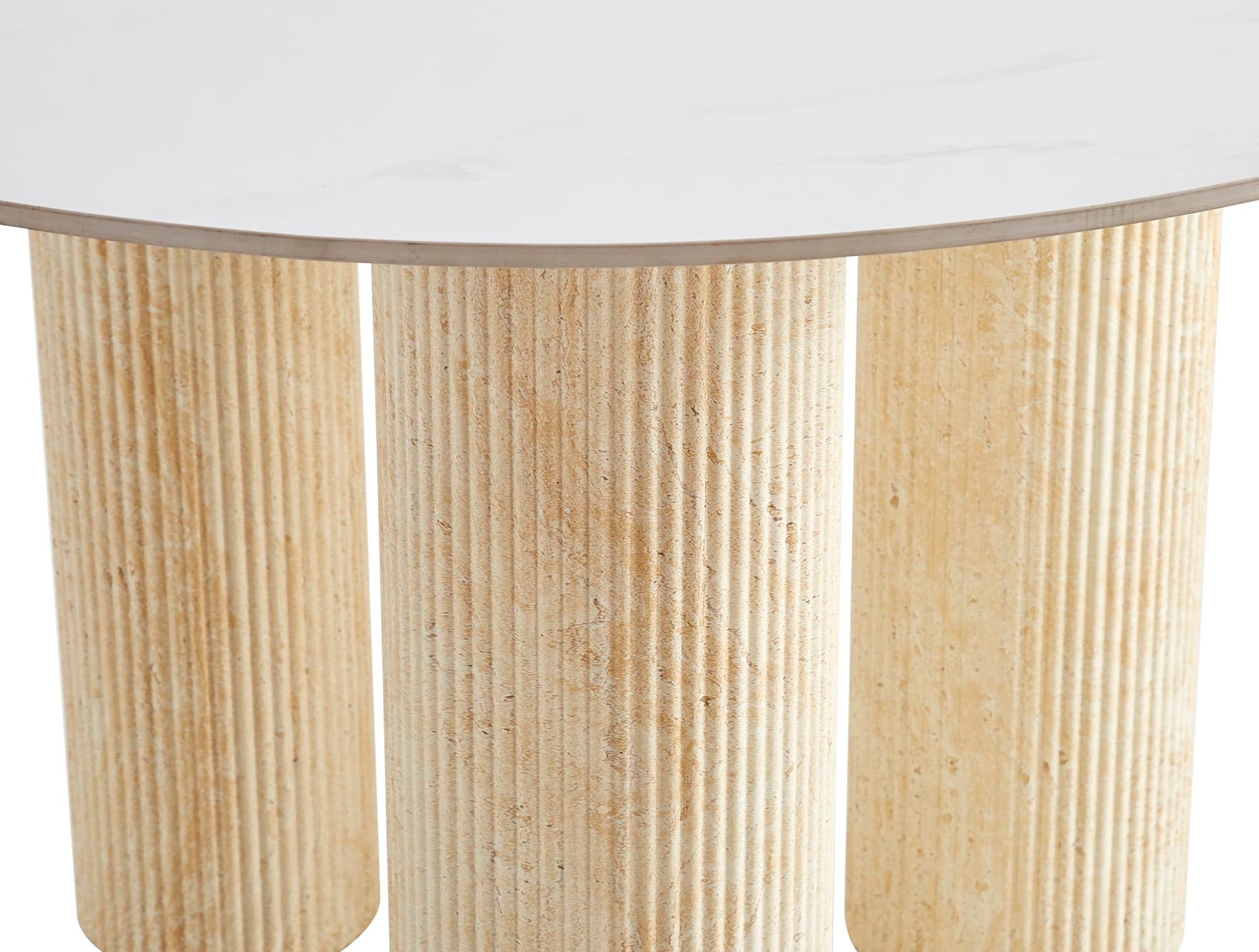 TABLE REPAS ANAÏS PIEDS TRAVERTIN PLATEAU CERAMIQUE MARBRE BLANC 120CM