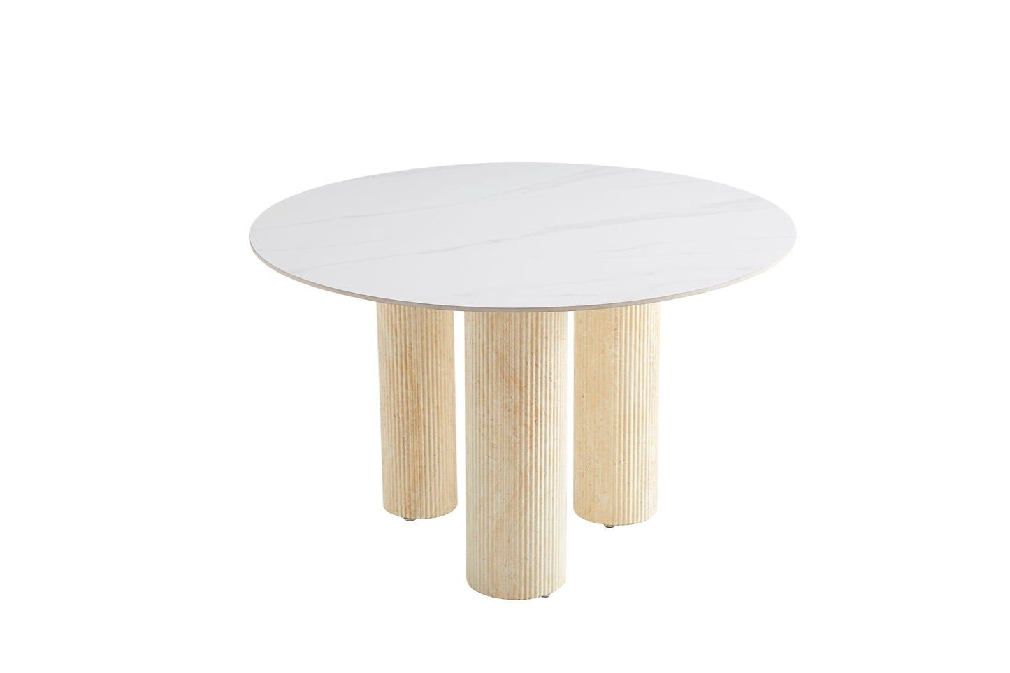 TABLE REPAS ANAÏS PIEDS TRAVERTIN PLATEAU CERAMIQUE MARBRE BLANC 120CM