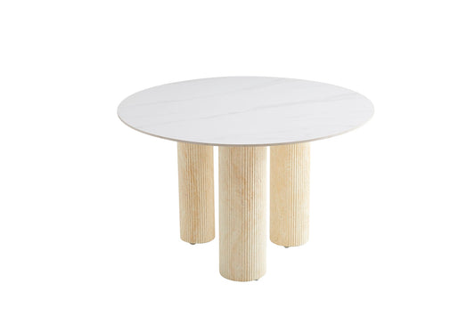 TABLE REPAS ANAÏS PIEDS TRAVERTIN PLATEAU CERAMIQUE MARBRE BLANC 120CM