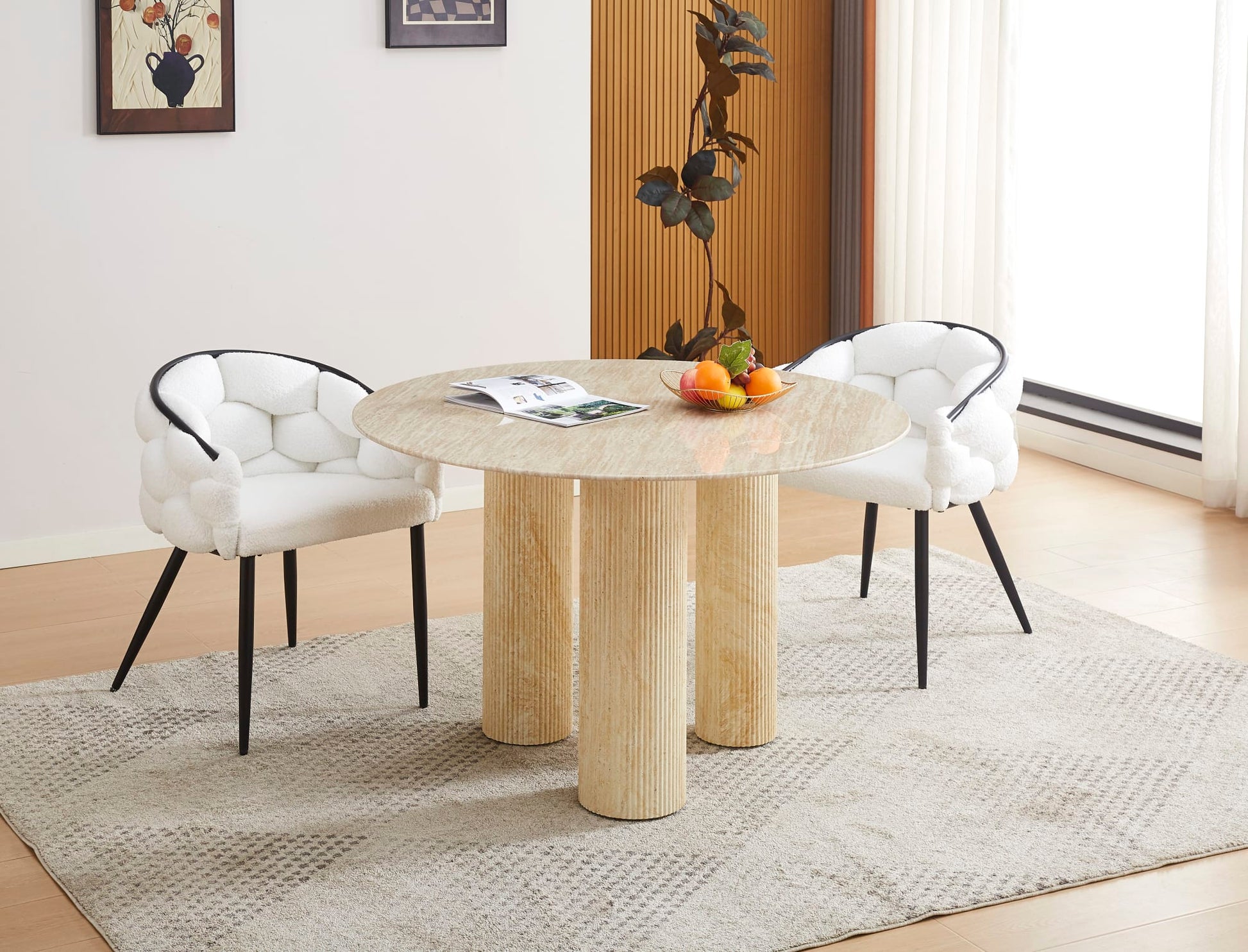 TABLE REPAS ANAÏS PIEDS TRAVERTIN PLATEAU CERAM TRAVERTIN 120CM