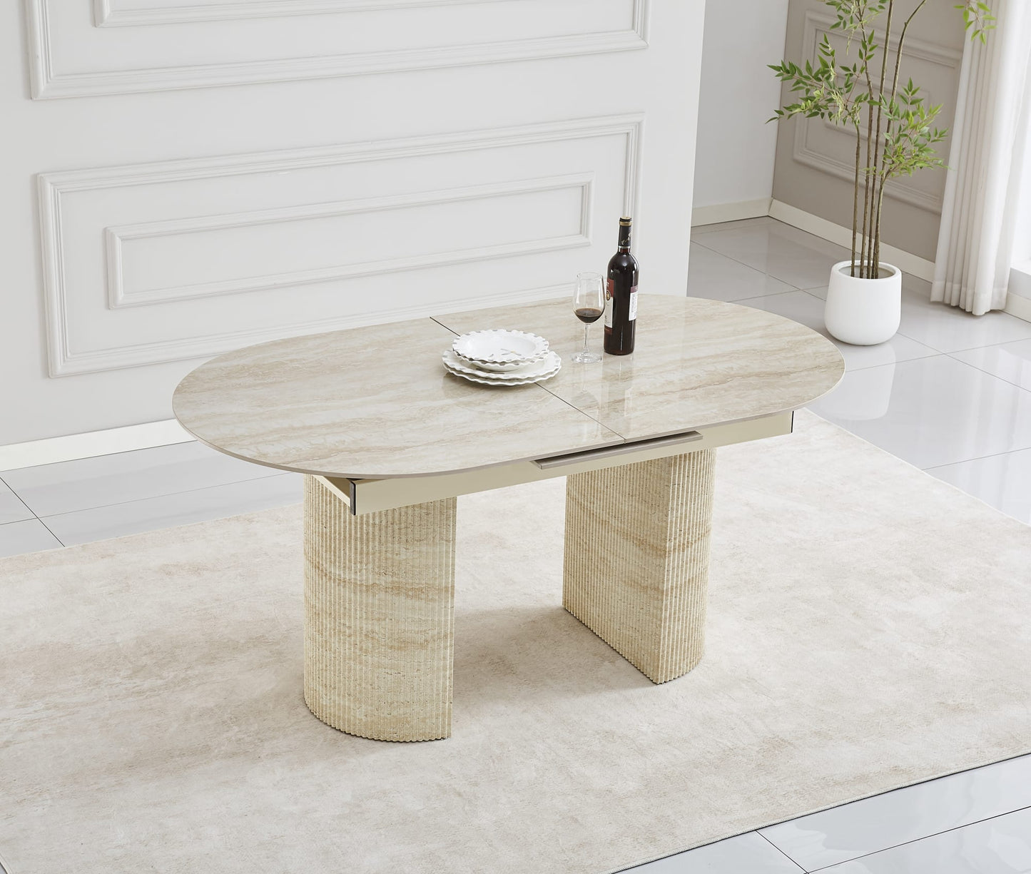 TABLE EXTENSIBLE SAHARA PIED EFFET TRAVERTIN PLATEAU CERAMIQUE TRAVERTIN BRILLAN 160/200x90x75