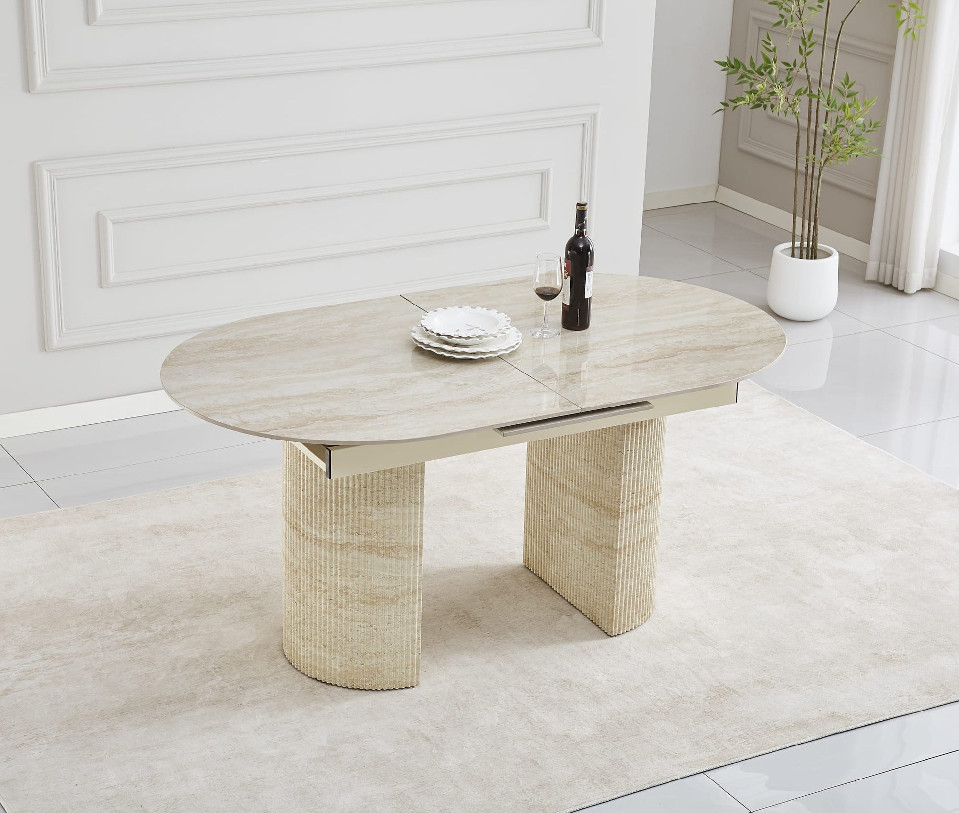 TABLE EXTENSIBLE SAHARA PIED EFFET TRAVERTIN PLATEAU CERAMIQUE TRAVERTIN BRILLAN 160/200x90x75