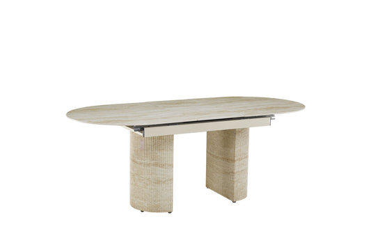 TABLE EXTENSIBLE SAHARA PIED EFFET TRAVERTIN PLATEAU CERAMIQUE TRAVERTIN BRILLAN 160/200x90x75