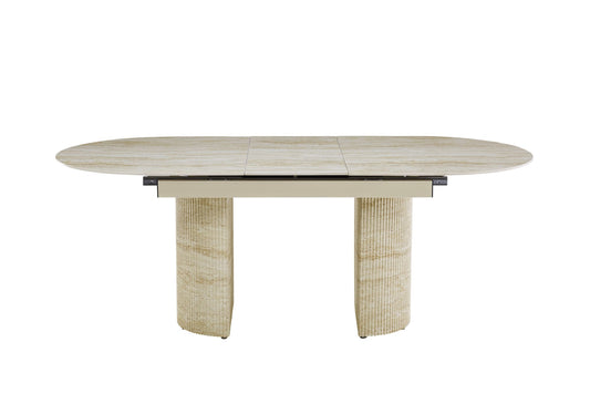 TABLE EXTENSIBLE SAHARA PIED EFFET TRAVERTIN PLATEAU CERAMIQUE TRAVERTIN BRILLAN 160/200x90x75