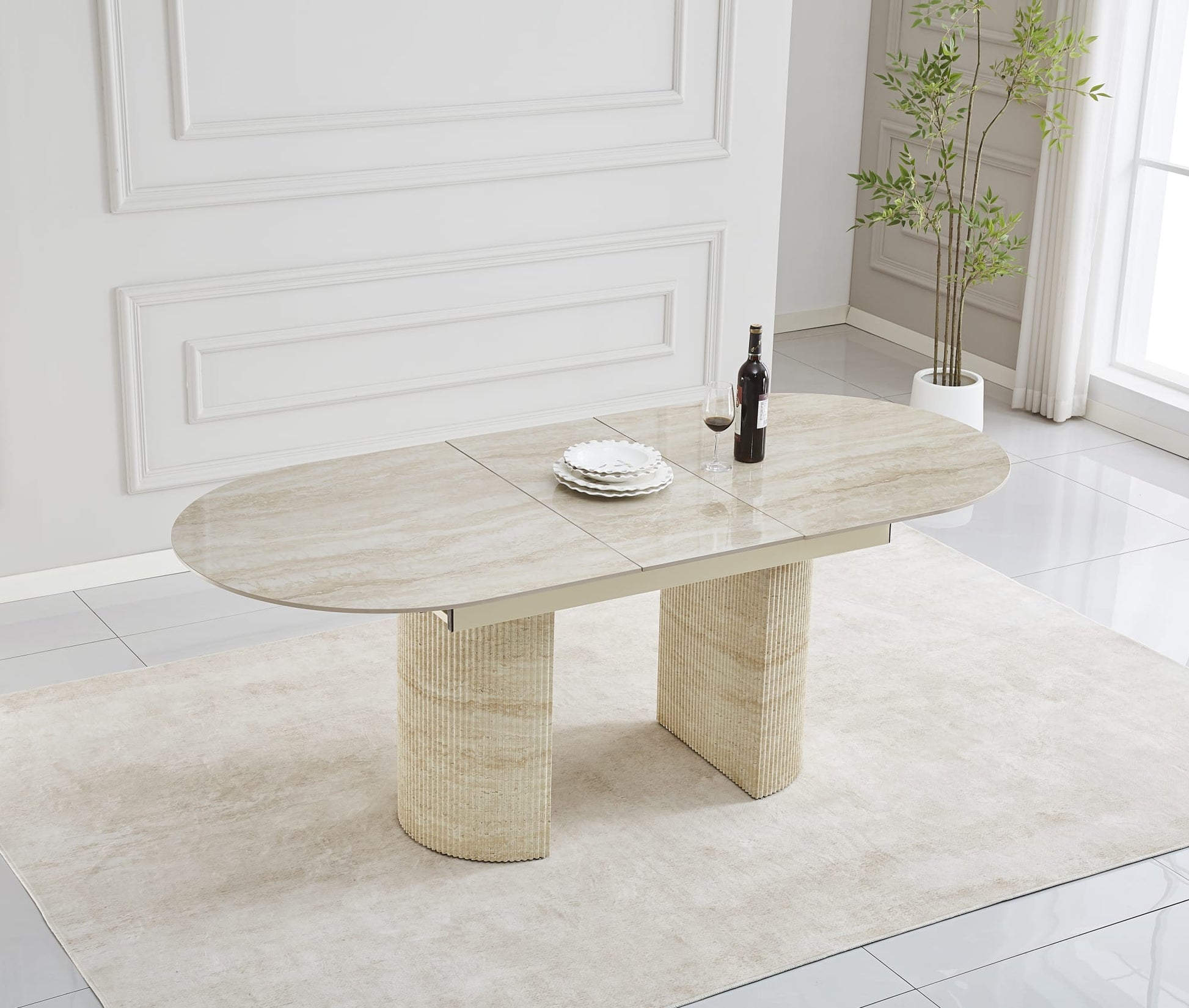 TABLE EXTENSIBLE SAHARA PIED EFFET TRAVERTIN PLATEAU CERAMIQUE TRAVERTIN BRILLAN 160/200x90x75