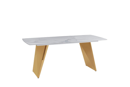 TABLE A MANGER GRAFFI PIED GOLD PLATEAU EN CERAMIQUE MARBRE BLANC180x90x75cm