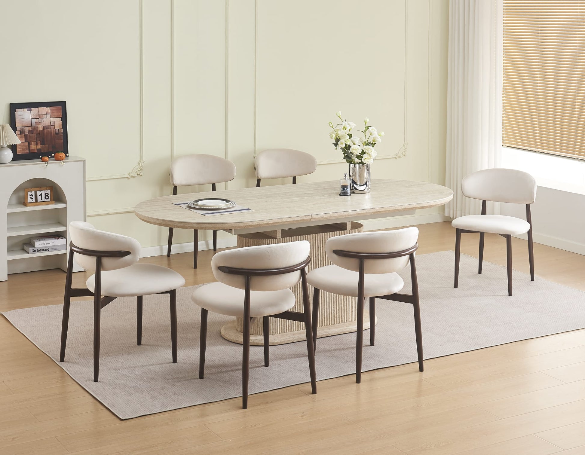 TABLE REPAS EXTENSIBLE LOKA PIED MDF EFFET TRAVERTIN PLATEAU CERAMIQUE TRAVERTIN MAT 160/200X90X75
