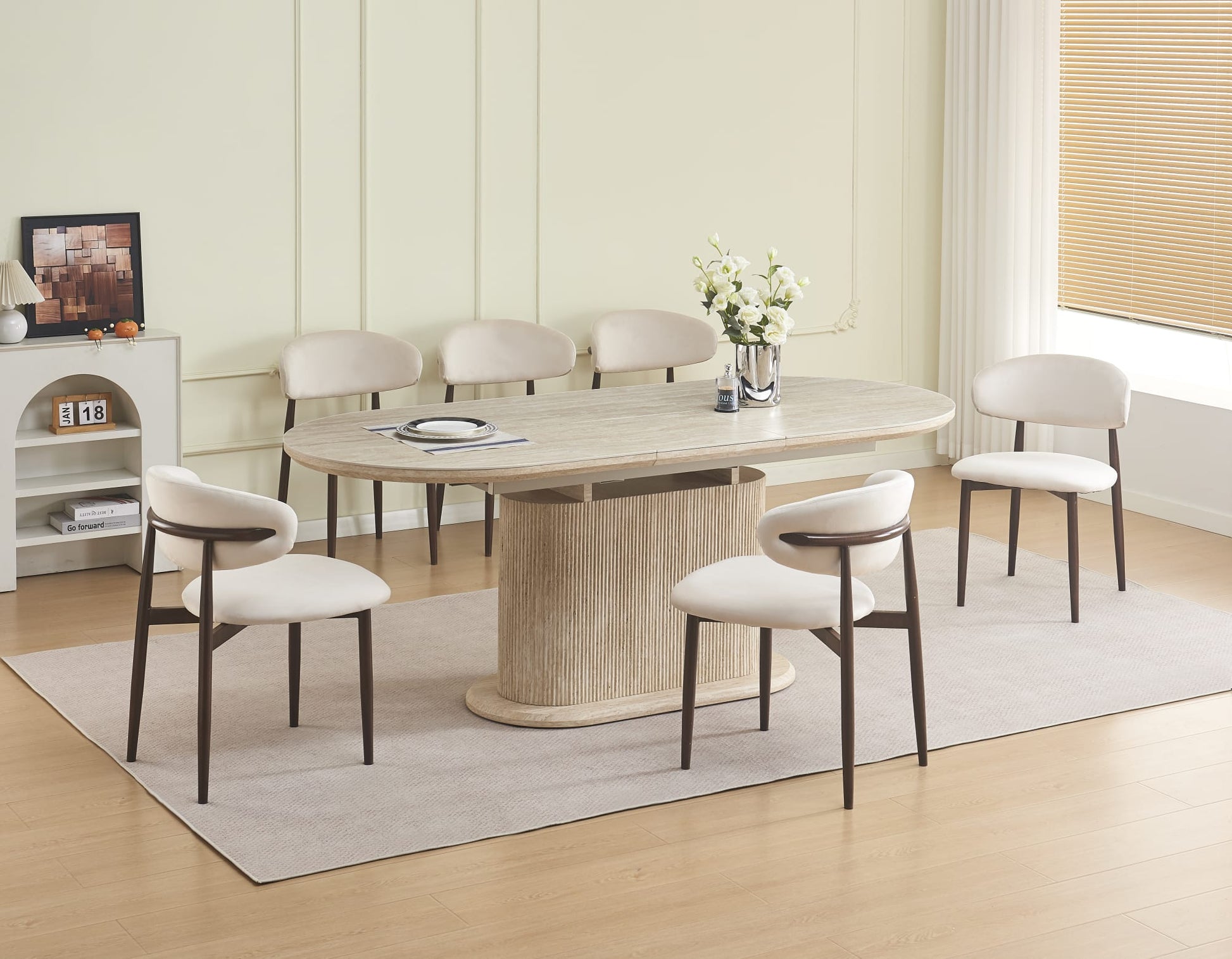TABLE REPAS EXTENSIBLE LOKA PIED MDF EFFET TRAVERTIN PLATEAU CERAMIQUE TRAVERTIN MAT 160/200X90X75