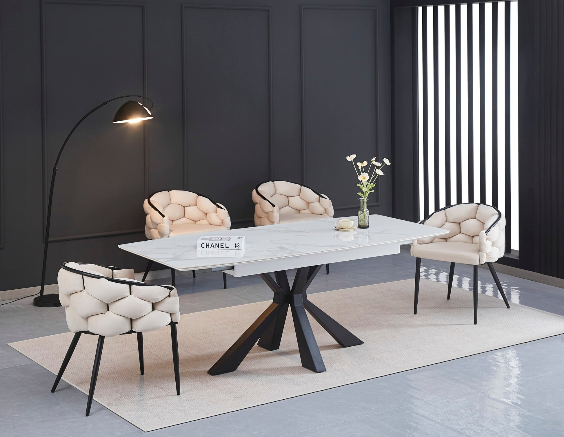 CHAISE BALLON METAL NOIR VELOURS BEIGE