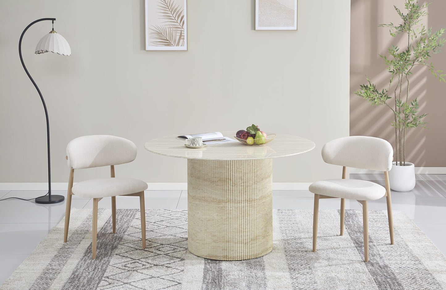 TABLE A MANGER RONDE BAIETAA PLATEAU CERAMIQUE TRAVERTIN BRILLANT PIED EFFET TRAVERTIN 120CM