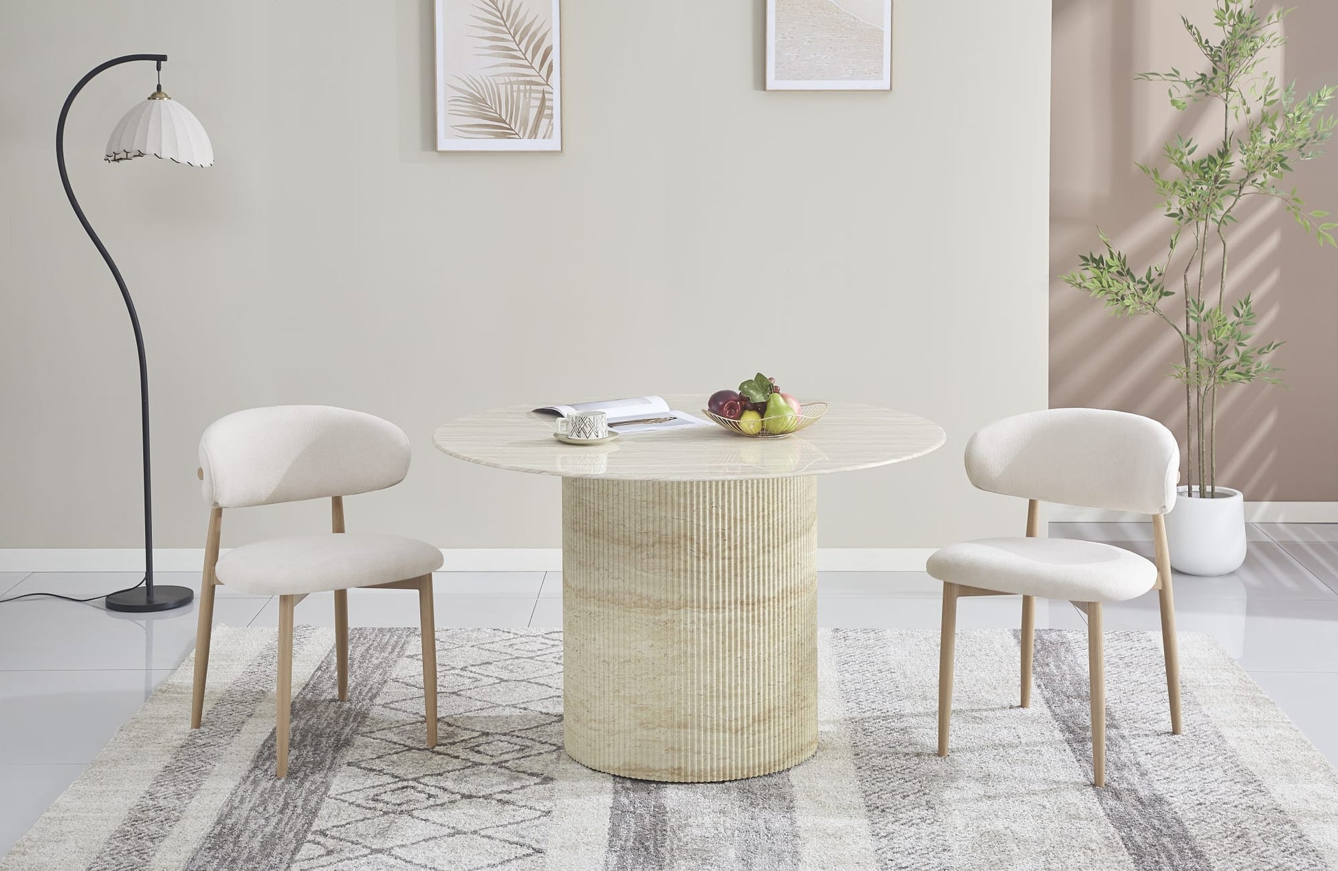 TABLE A MANGER RONDE BAIETAA PLATEAU CERAMIQUE TRAVERTIN BRILLANT PIED EFFET TRAVERTIN 120CM