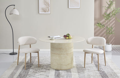 TABLE A MANGER RONDE BAIETAA PLATEAU CERAMIQUE TRAVERTIN BRILLANT PIED EFFET TRAVERTIN 120CM