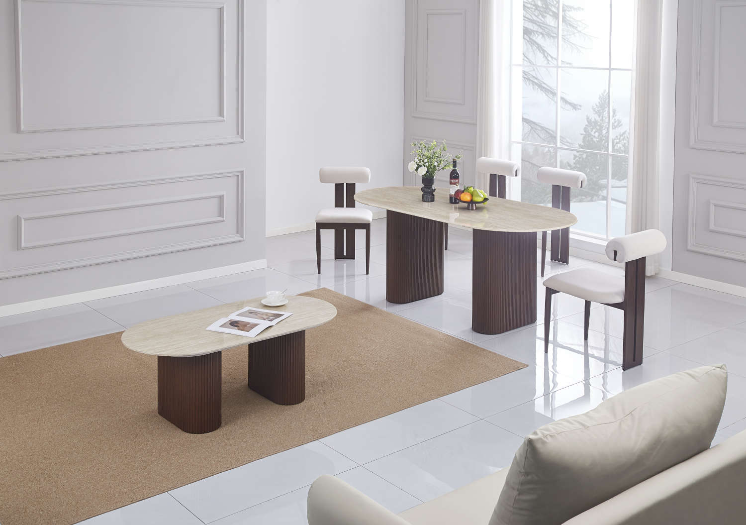 TABLE A MANGER ROXY PIED NOYER PLATEAU CERAMIQUE TRAVERTIN BRILLANT 180CM