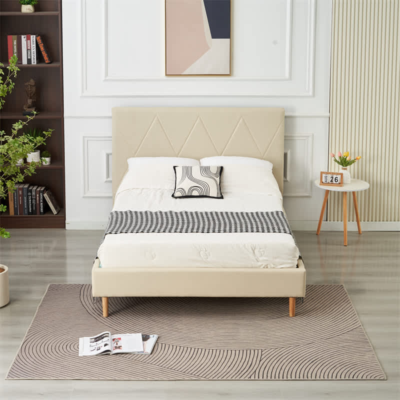 LIT DOUBLE SQUARE PIED BOIS SIMILICUIR BEIGE 140X190CM