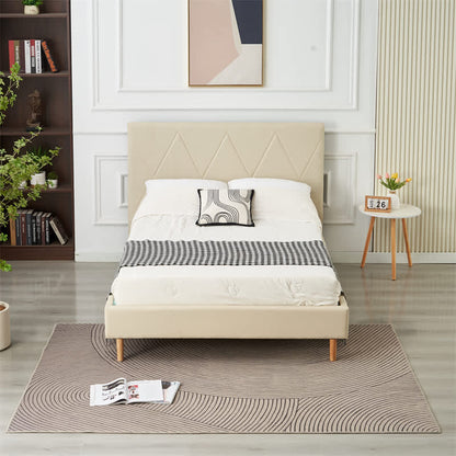 LIT DOUBLE SQUARE PIED BOIS SIMILICUIR BEIGE 140X190CM