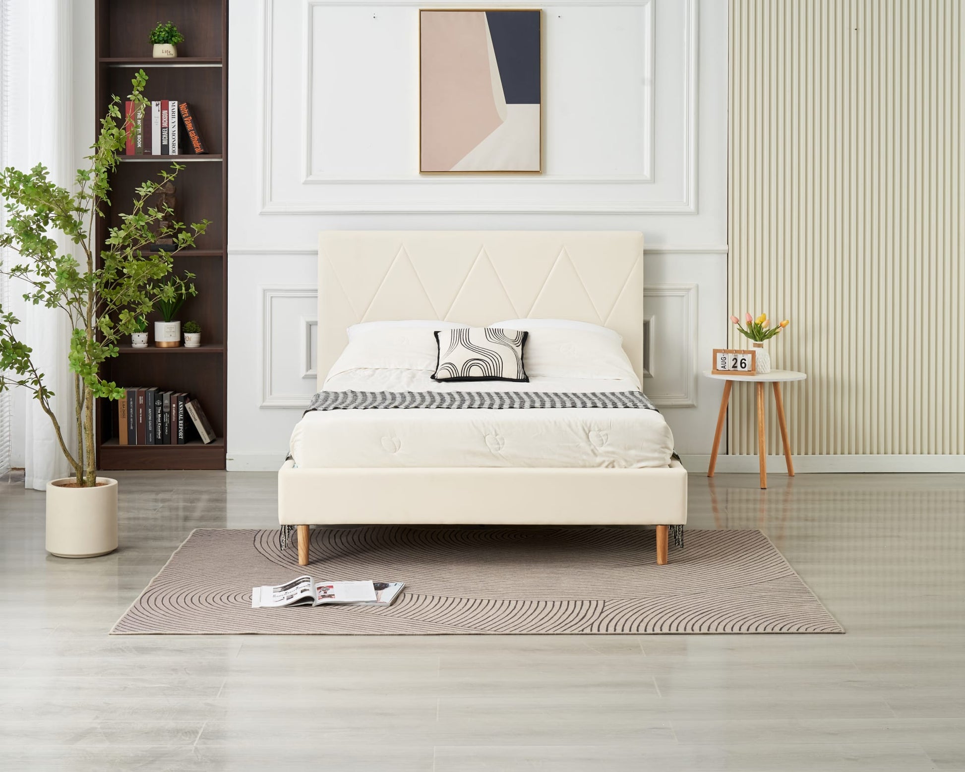 LIT DOUBLE SQUARE PIED BOIS SIMILICUIR BLANC 160X200CM