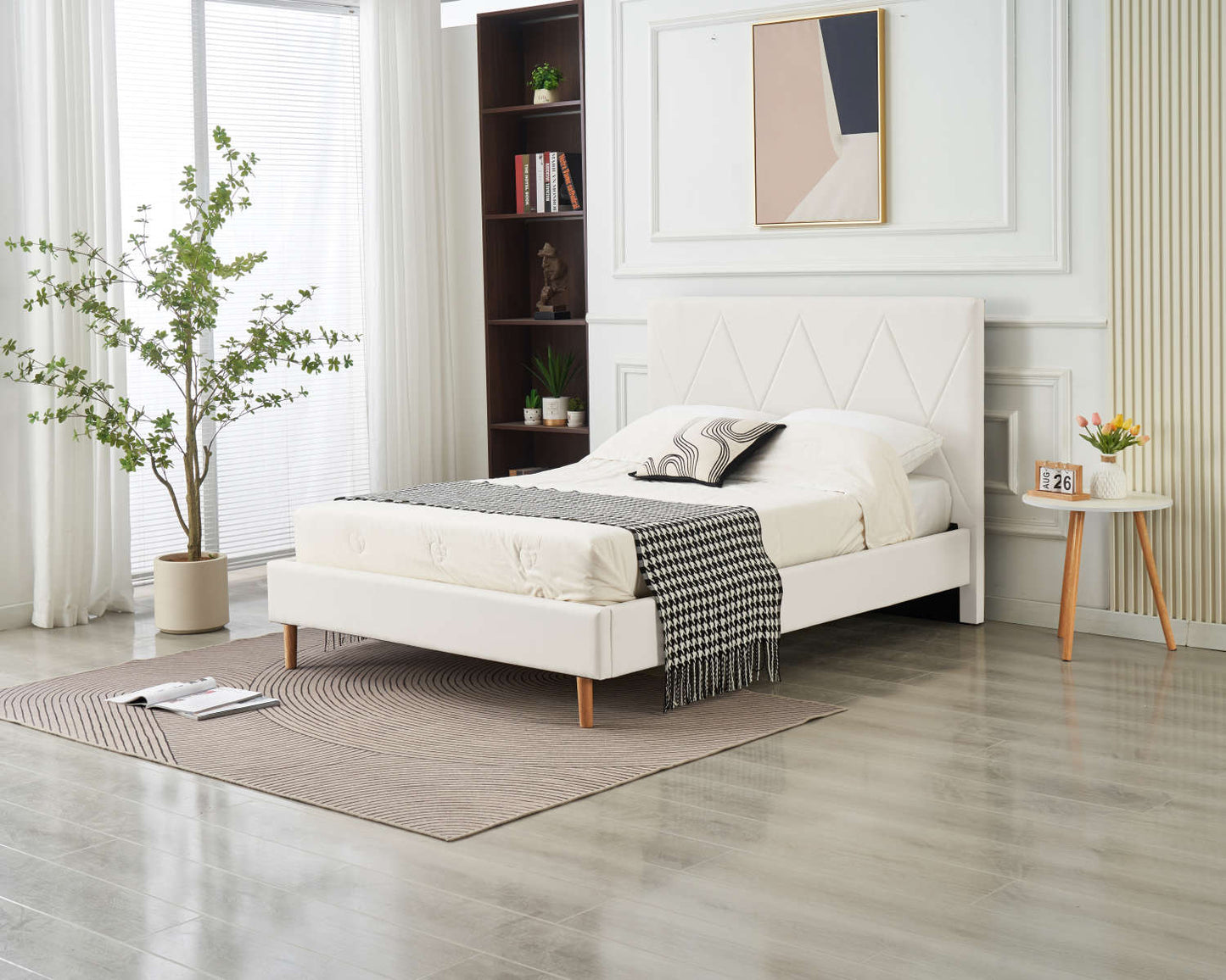 LIT DOUBLE SQUARE PIED BOIS SIMILICUIR BLANC 140X190CM