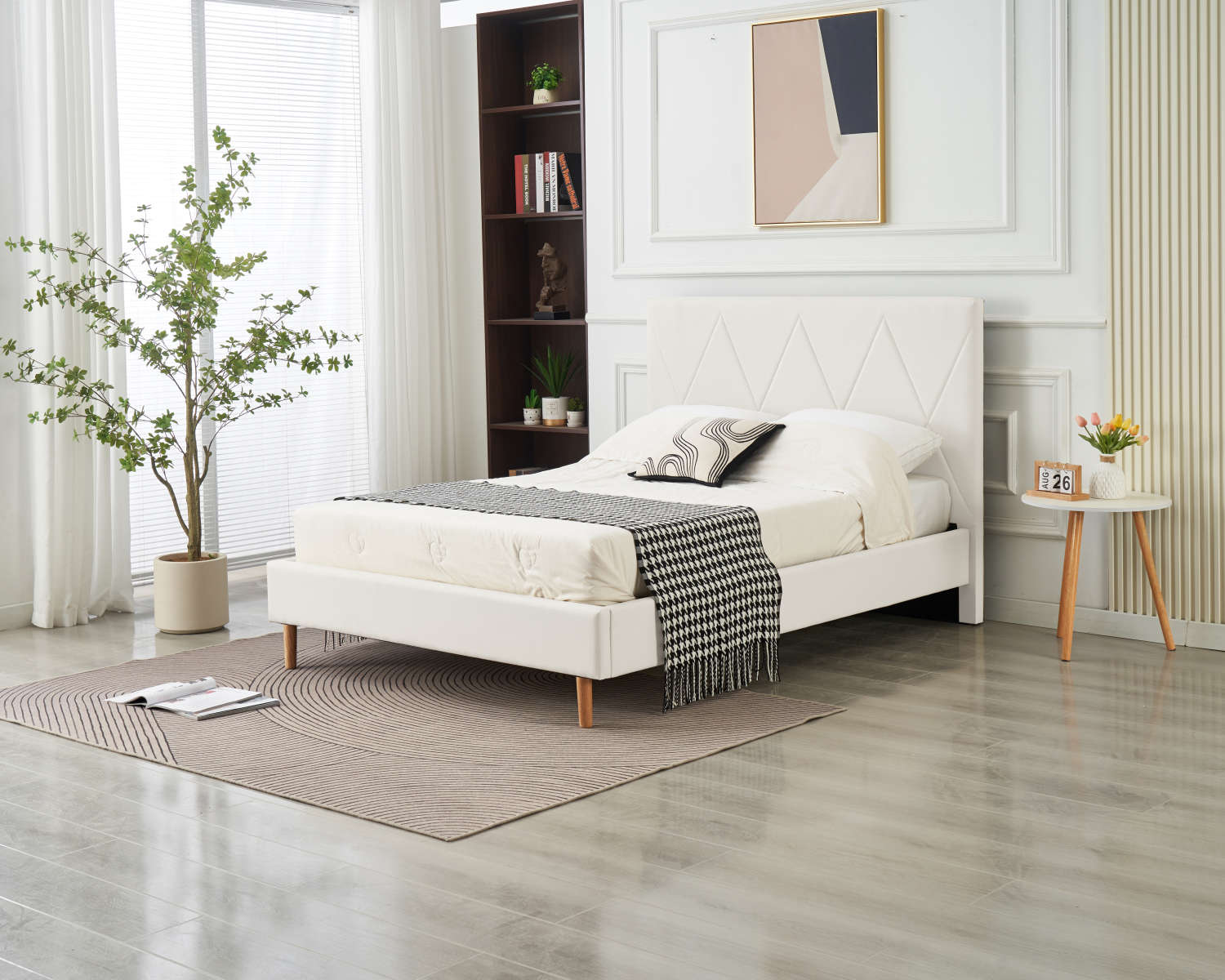 LIT DOUBLE SQUARE PIED BOIS SIMILICUIR BLANC 140X190CM