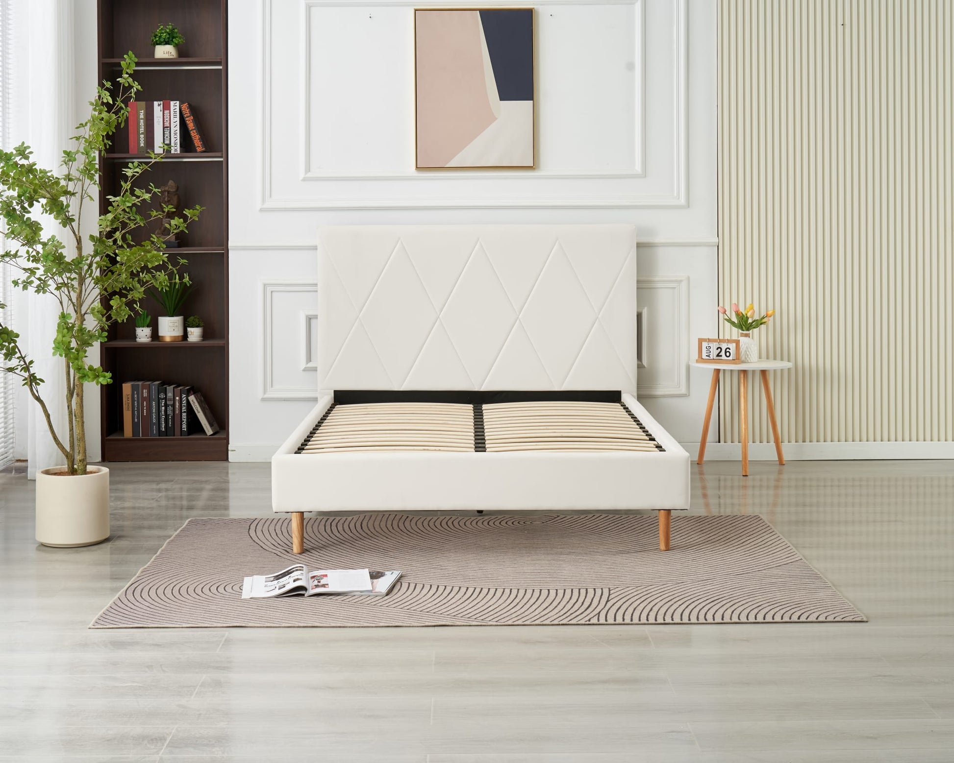 LIT DOUBLE SQUARE PIED BOIS SIMILICUIR BLANC 160X200CM
