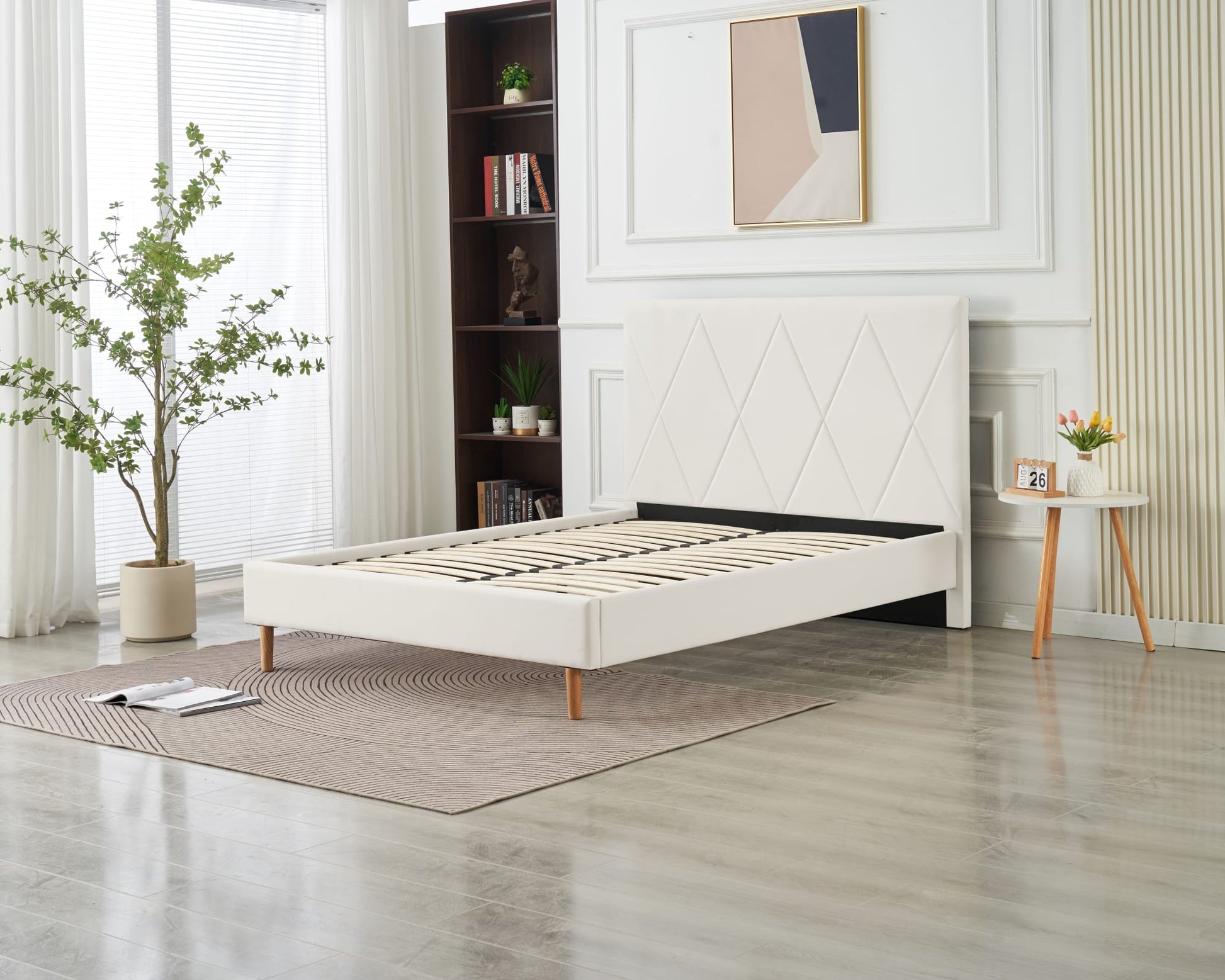 LIT DOUBLE SQUARE PIED BOIS SIMILICUIR BLANC 160X200CM