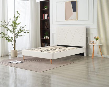 LIT DOUBLE SQUARE PIED BOIS SIMILICUIR BLANC 160X200CM