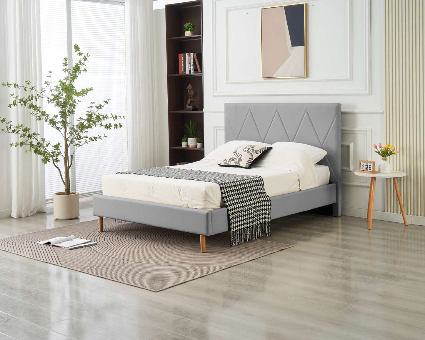 LIT DOUBLE SQUARE PIED BOIS SIMILICUIR GRIS 160X200CM