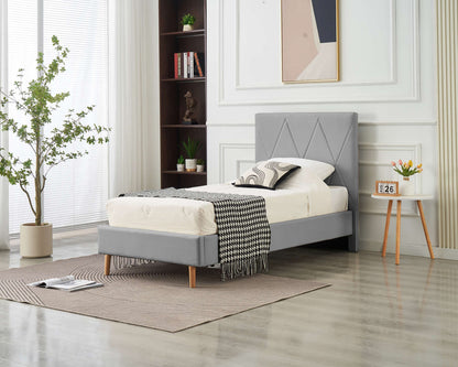 LIT SIMPLE SQUARE PIED BOIS SIMILICUIR GRIS 90X190CM