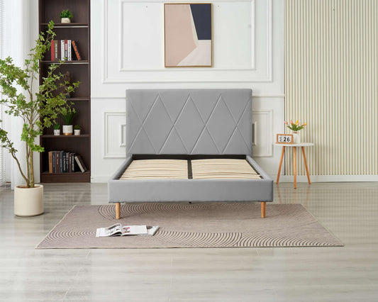 LIT DOUBLE SQUARE PIED BOIS SIMILICUIR GRIS 160X200CM