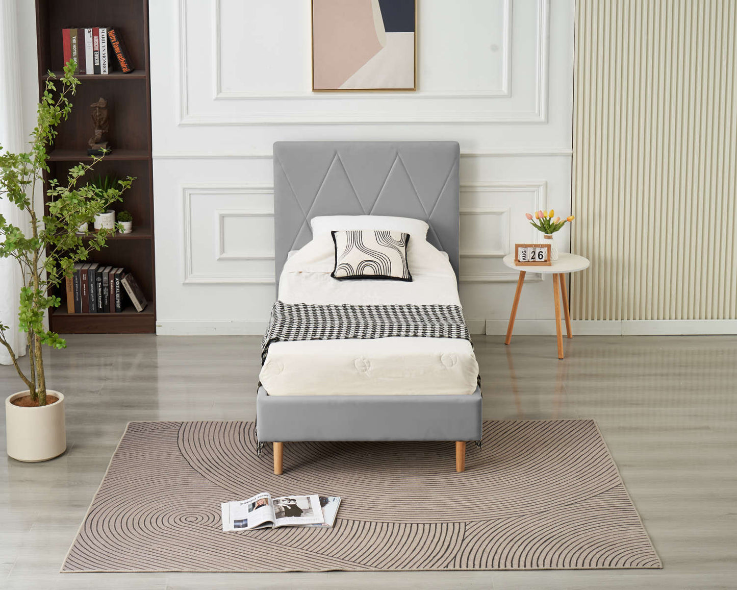 LIT SIMPLE SQUARE PIED BOIS SIMILICUIR GRIS 90X190CM