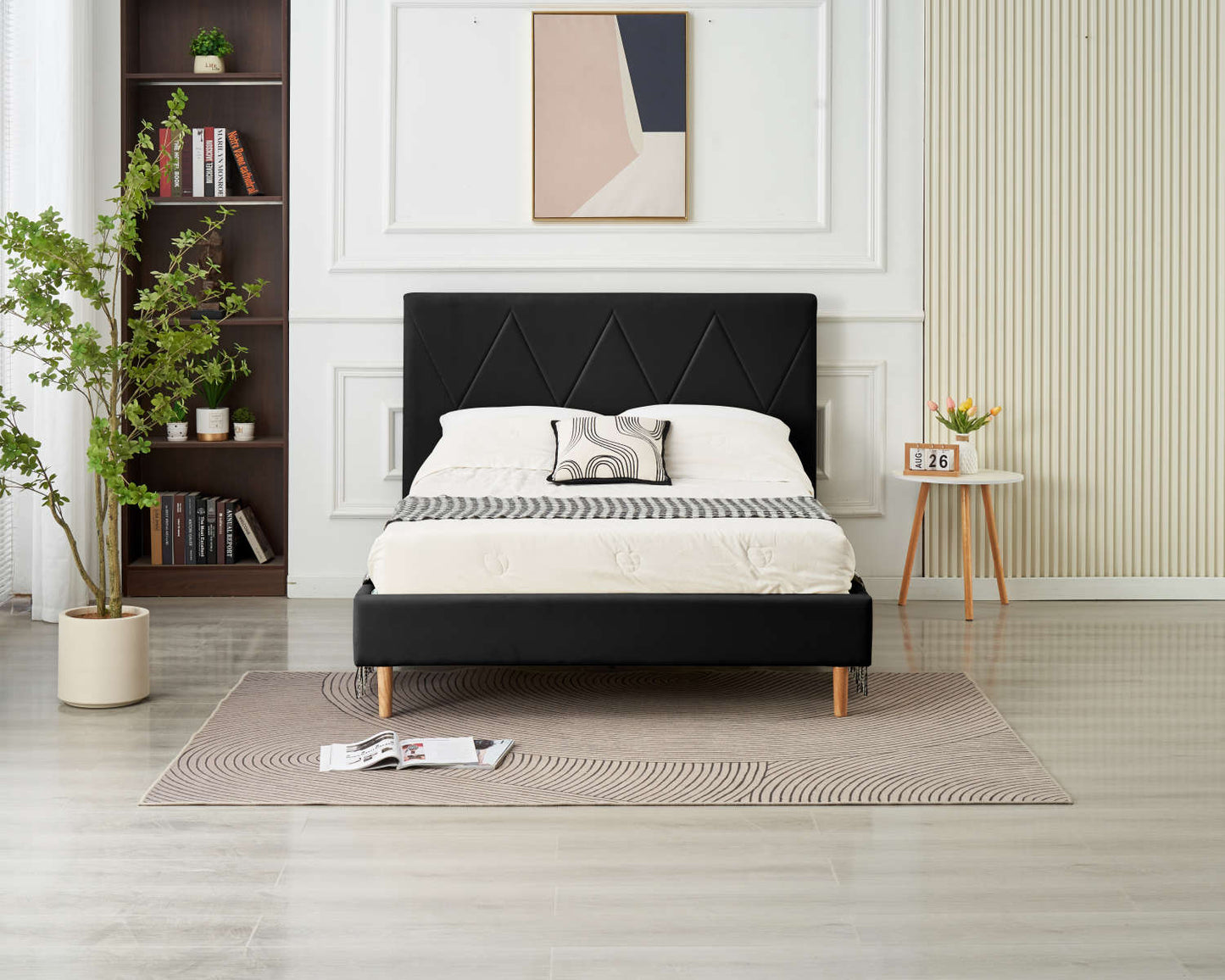 LIT DOUBLE  SQUARE PIED BOIS SIMILICUIR NOIR 160X200CM