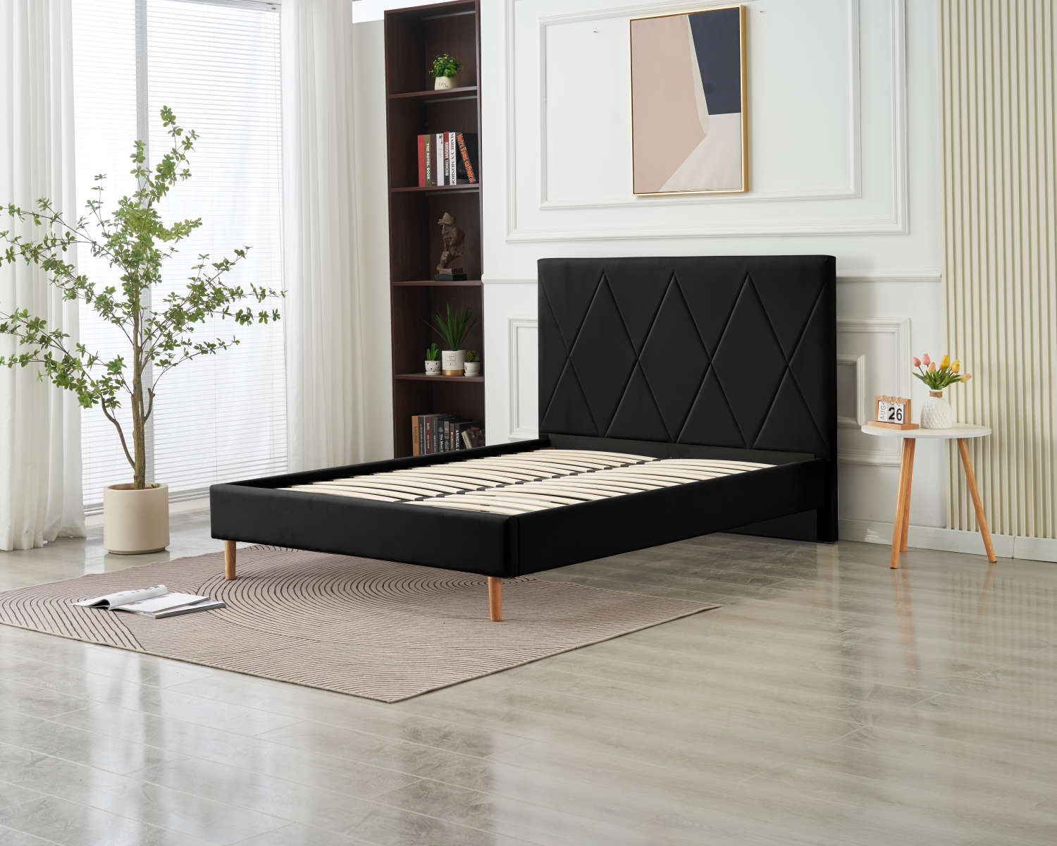 LIT DOUBLE  SQUARE PIED BOIS SIMILICUIR NOIR 160X200CM