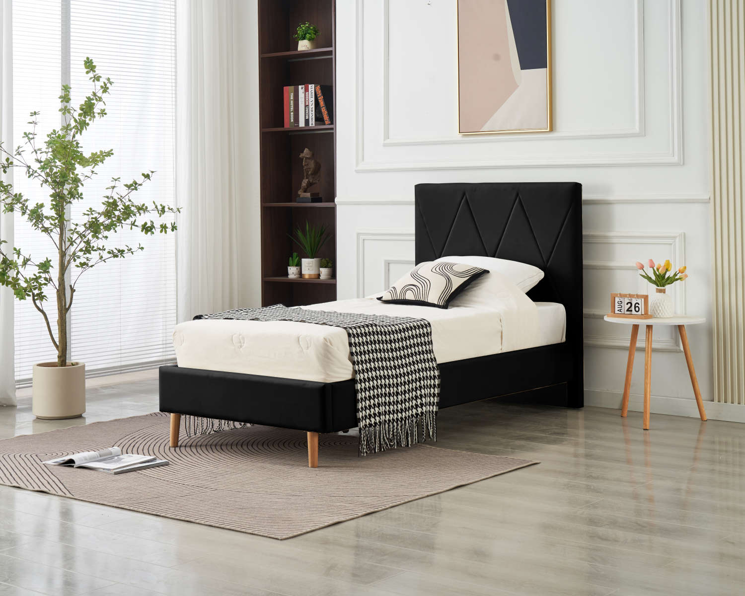 LIT SIMPLE SQUARE PIED BOIS SIMILICUIR NOIR 90X190CM