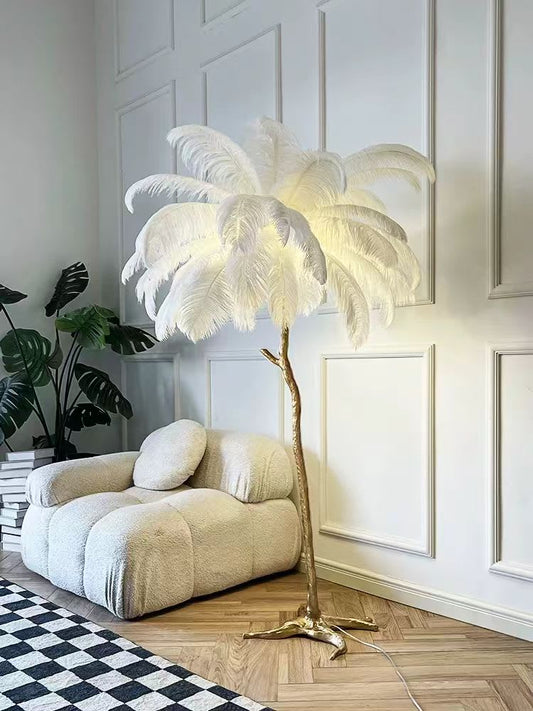 LAMPADAIRE VELONA PLUME D'AUTRUCHE BLANC 4 AMPOULES LED E14 INCLUS 12W, 220V, CLASSE IP 20