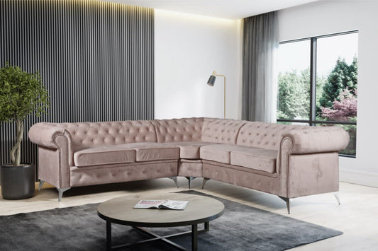 CANAPE D ANGLE CLOUTE TIFFANY VELOURS BEIGE 263x263cm