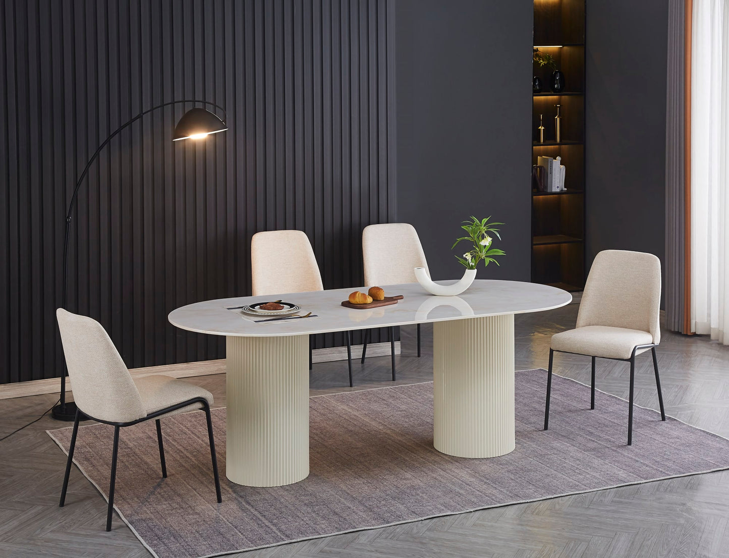 TABLE A MANGER SALMA XXL PIED BEIGE PLATEAU CERAMIQUE MARBRE BEIGE 90X200X75cm