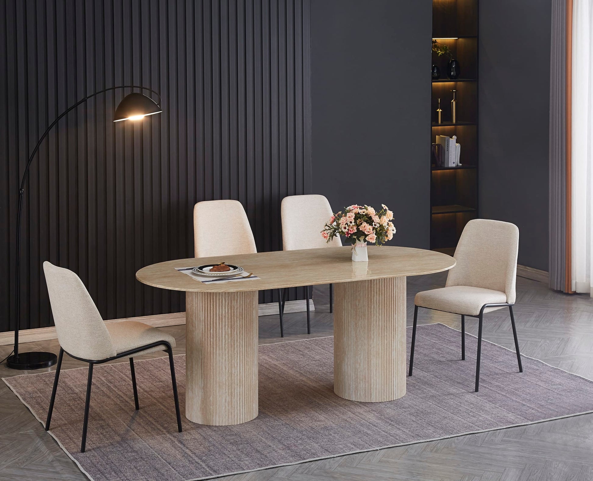 TABLE A MANGER COCO PIED EFFET TRAVERTIN PLATEAU CERAMIQUE TRAVERTIN 180X90X75cm