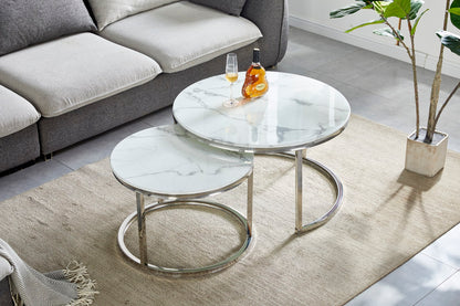 TABLE BASSE GIGOGNE CHROME MARBRE BLANC 80x45 cm
