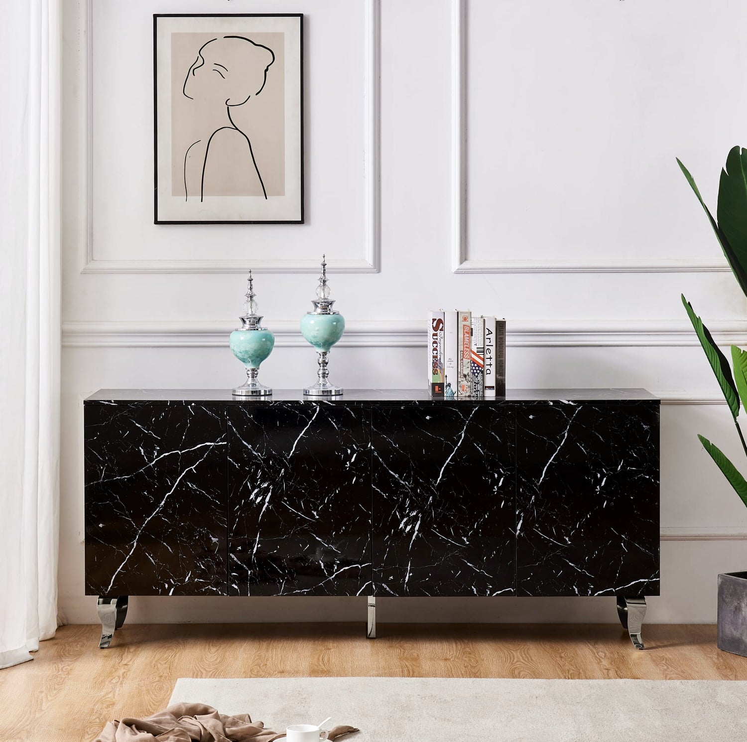 BUFFET BAROQUE LAQUE MARBRE NOIR 4 PORTES 180X40X80 CM PIEDS CH