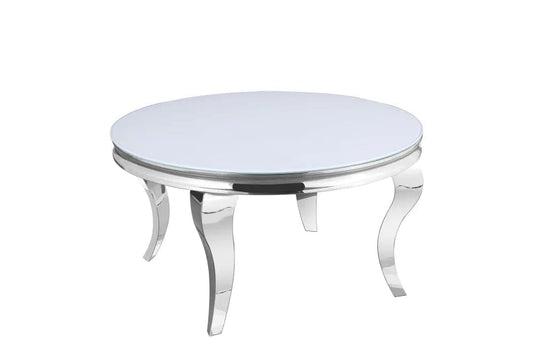 Table basse ronde baroque chrome et plateau en verre de 80 cm