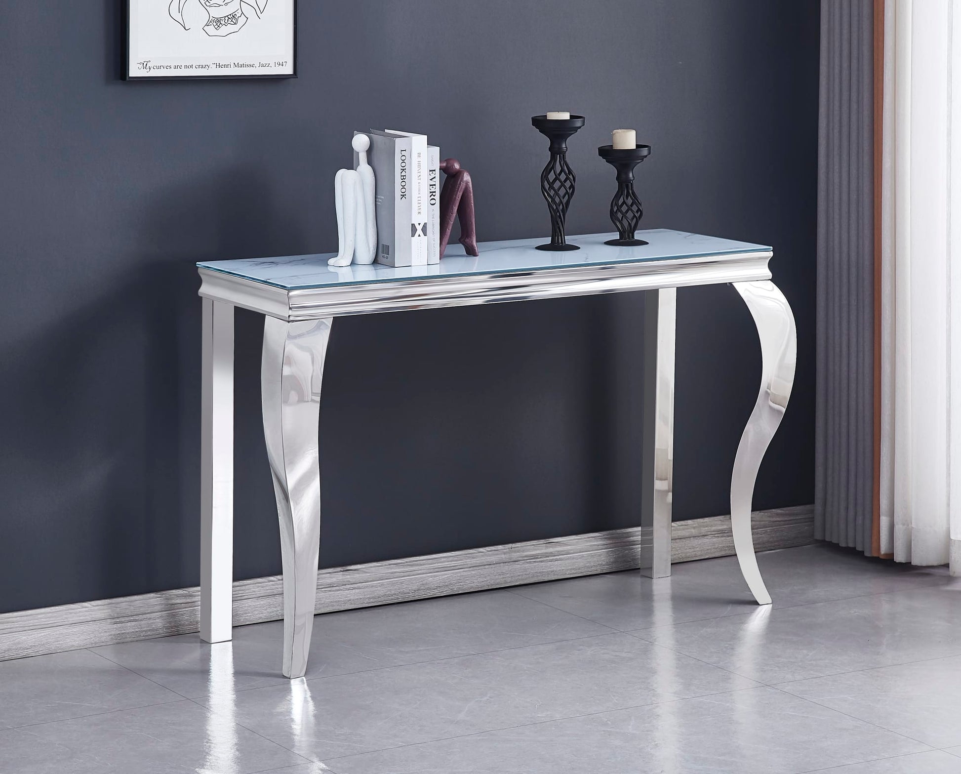 CONSOLE BAROQUE CHROME VERRE MARBRE BLANC 120X40X78
