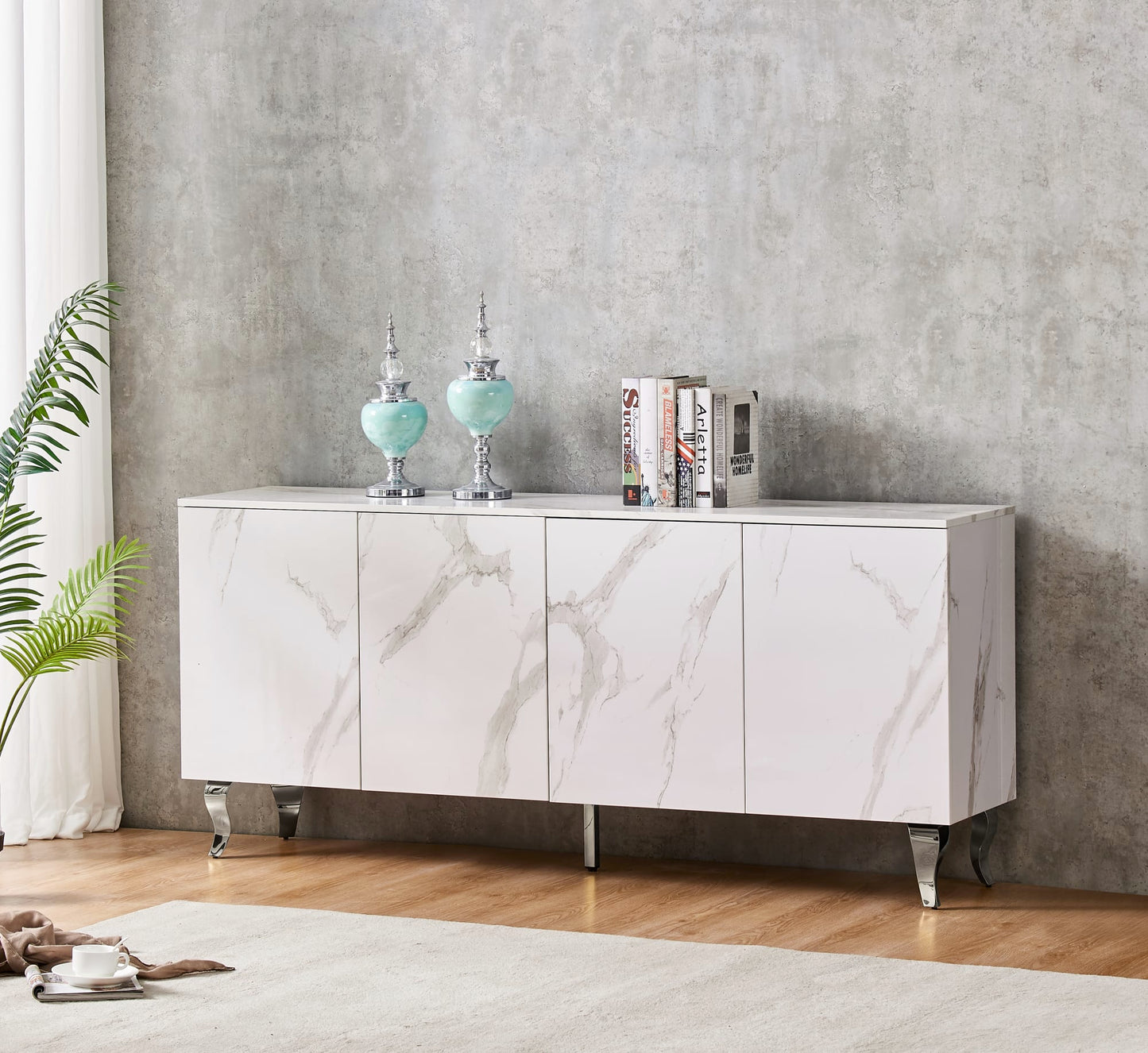 BUFFET BAROQUE LAQUE MARBRE BLANC 4 PORTES 180X40X80 CM PIEDS C