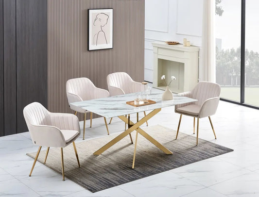 Table Repas JESSICA Gold et plateau en verre 150 cm 4 à 6 couverts
