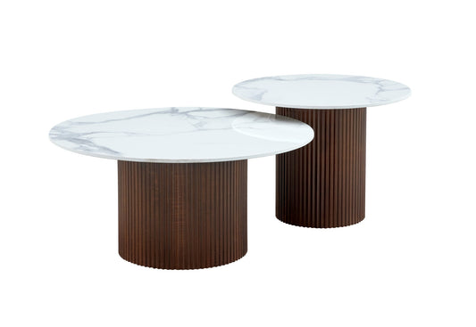 TABLE BASSE GIGOGNE MINA PIED BOIS NOYER PLATEAU CERAMIQUE MARBRE BLANC (BLB) 60x45cm + 80x38cm