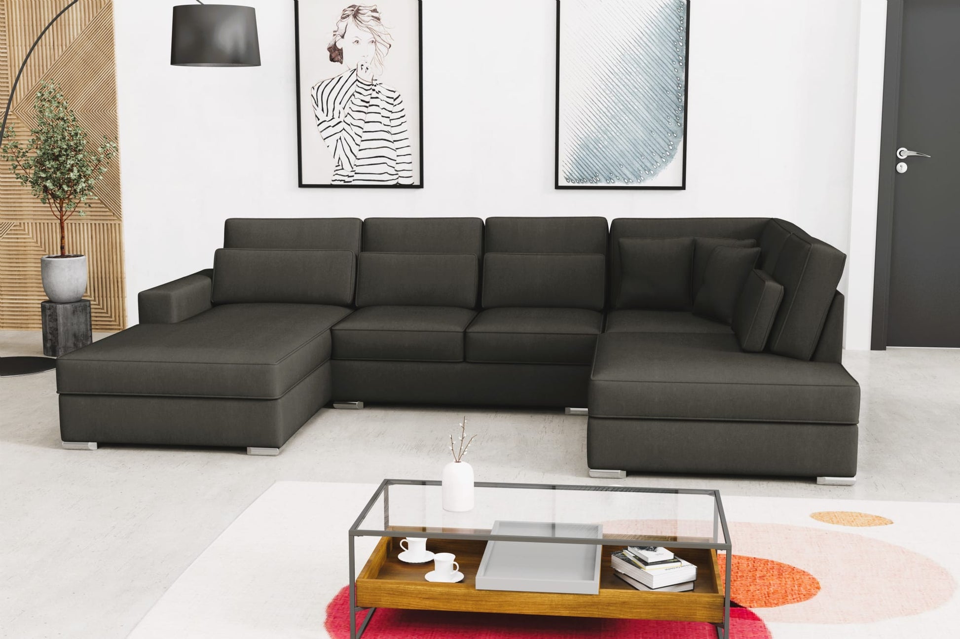CANAPE BRISTOL EN U VELOURS ANTHRACITE 400x230x94cm
