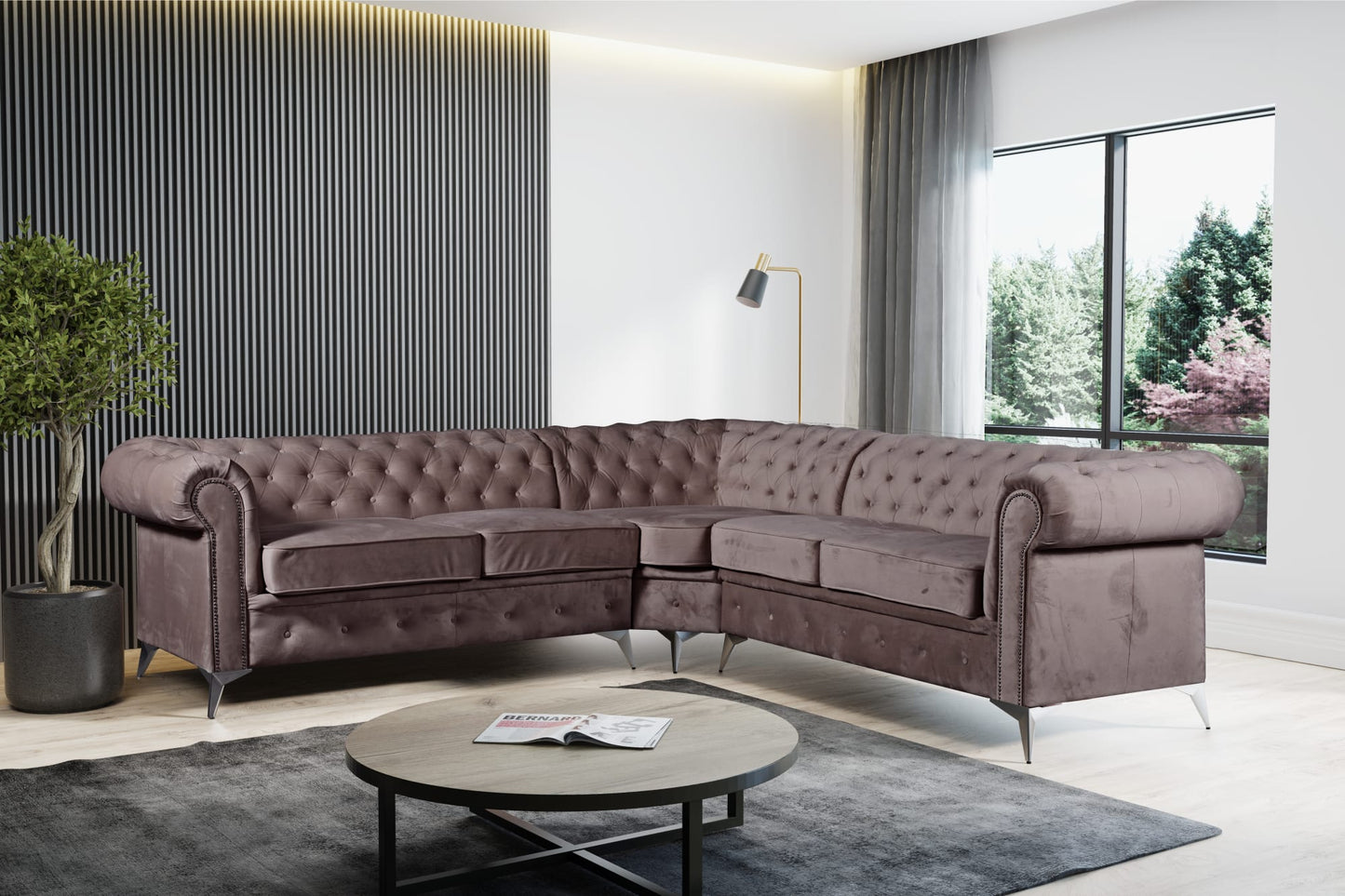CANAPE D ANGLE CLOUTE TIFFANY VELOURS MOKA 263x263cm