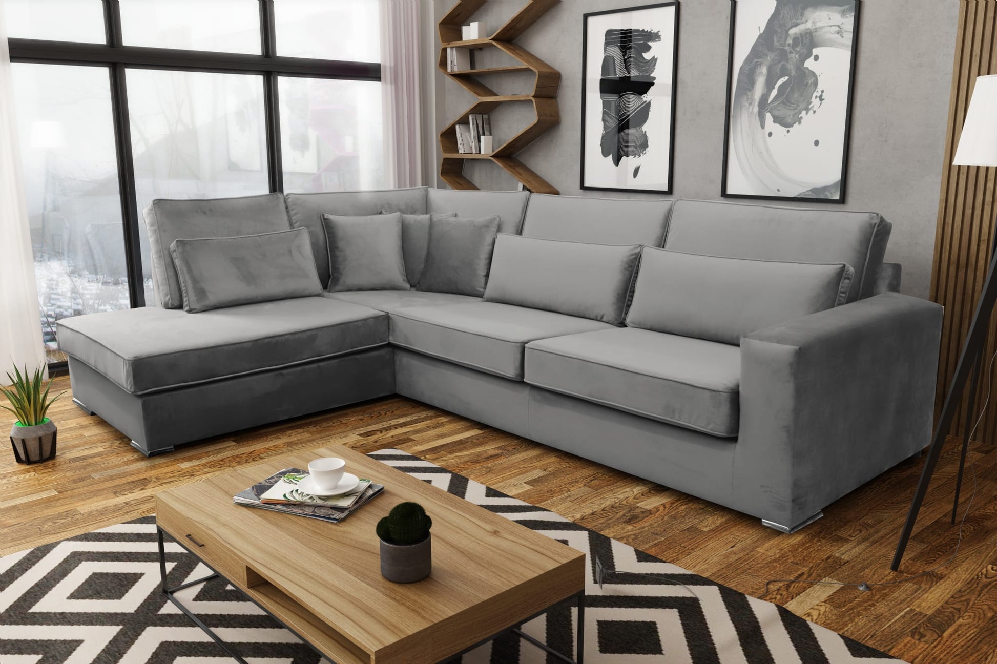 CANAPE BRISTOL ANGLE GAUCHE VELOURS GRIS 316x230cm